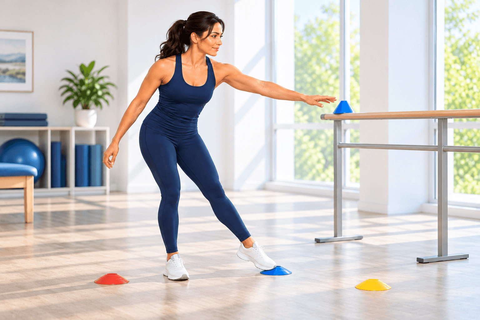 Woman practicing a controlled balance-and-reach task between floor markers