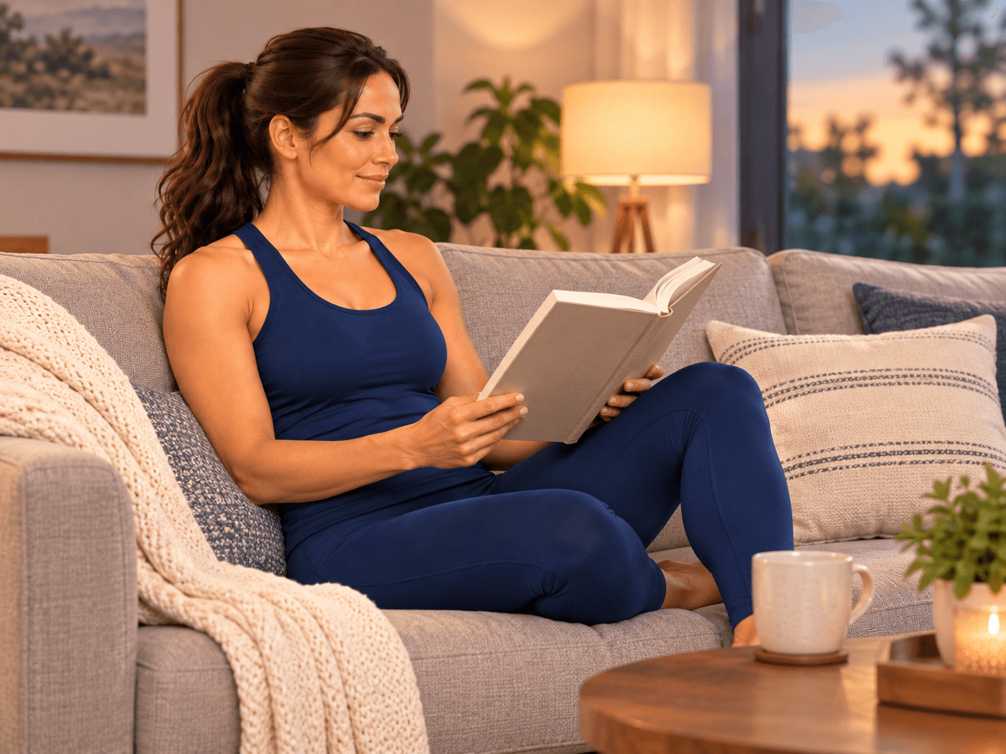 Woman reading a book on the couch in the evening.