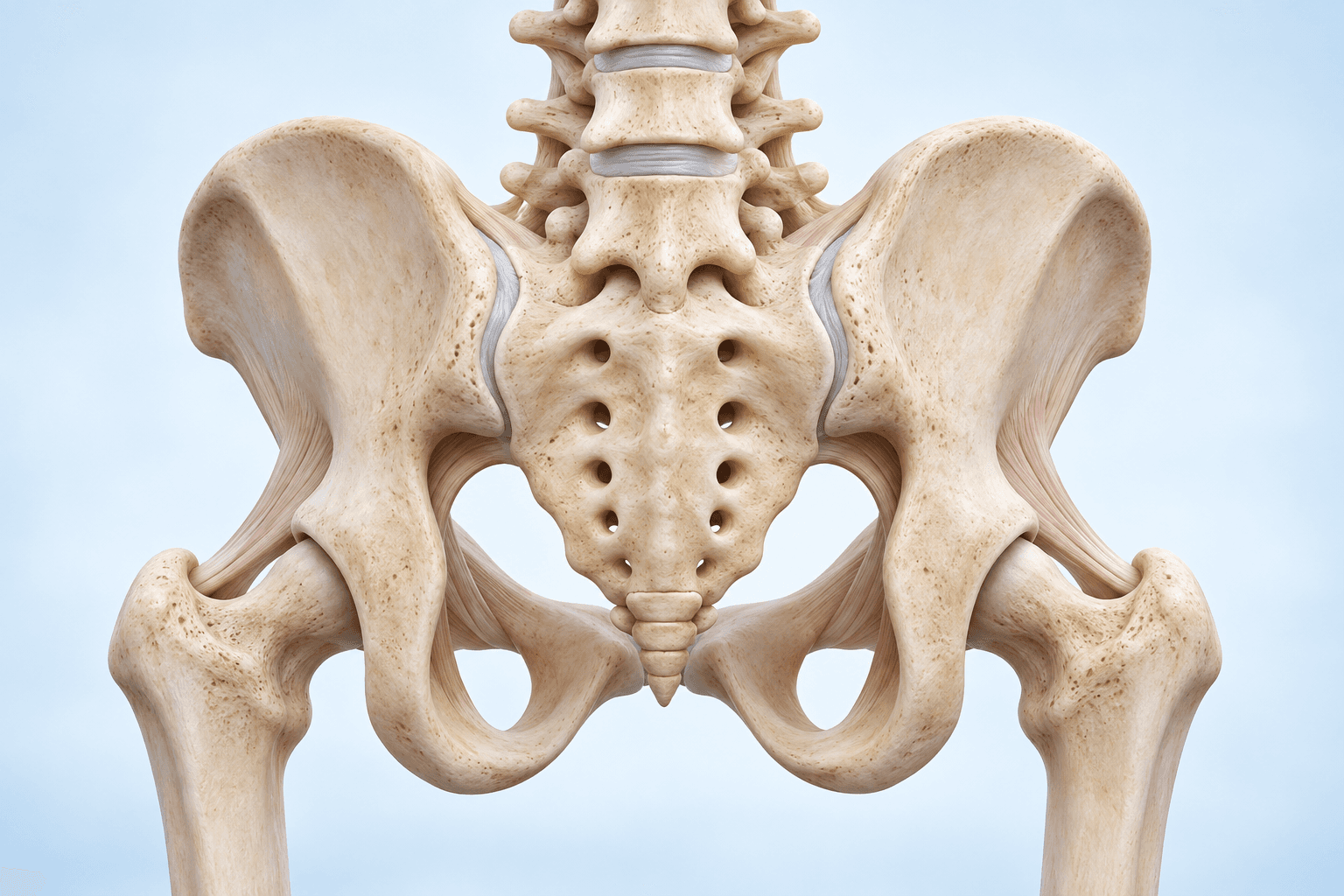 Posterior anatomical view of the pelvis, sacrum and sacroiliac joints.