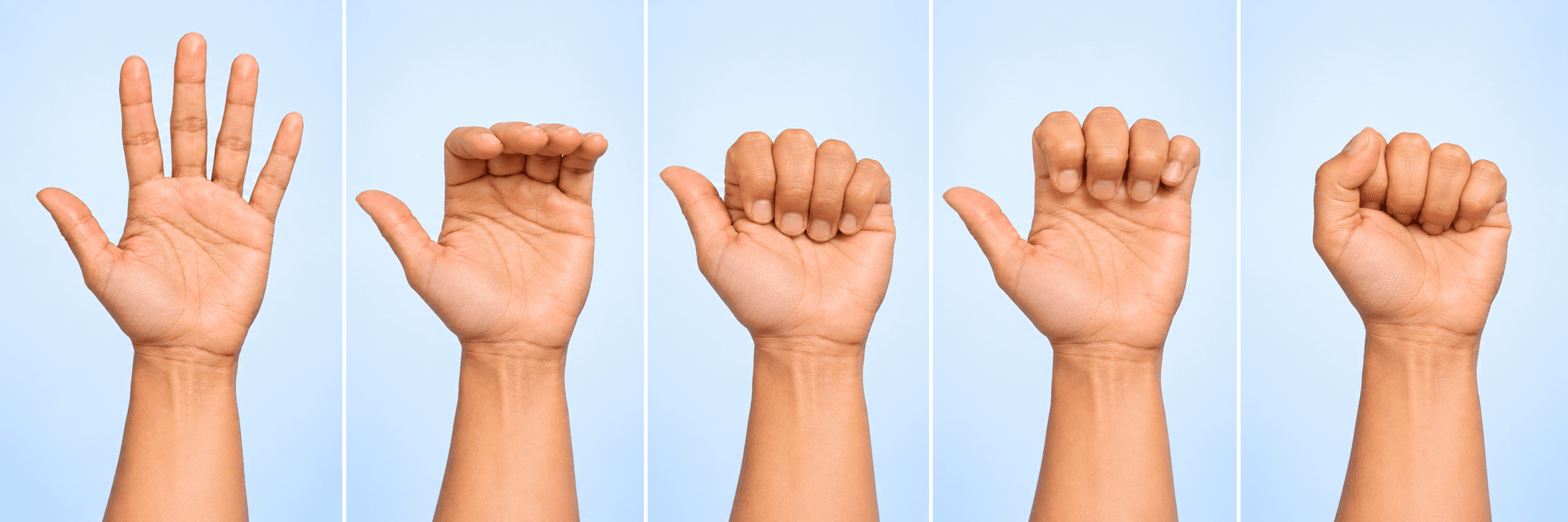 Five-part hand position sequence: straight fingers, table top, flat fist, hook fist and full fist.