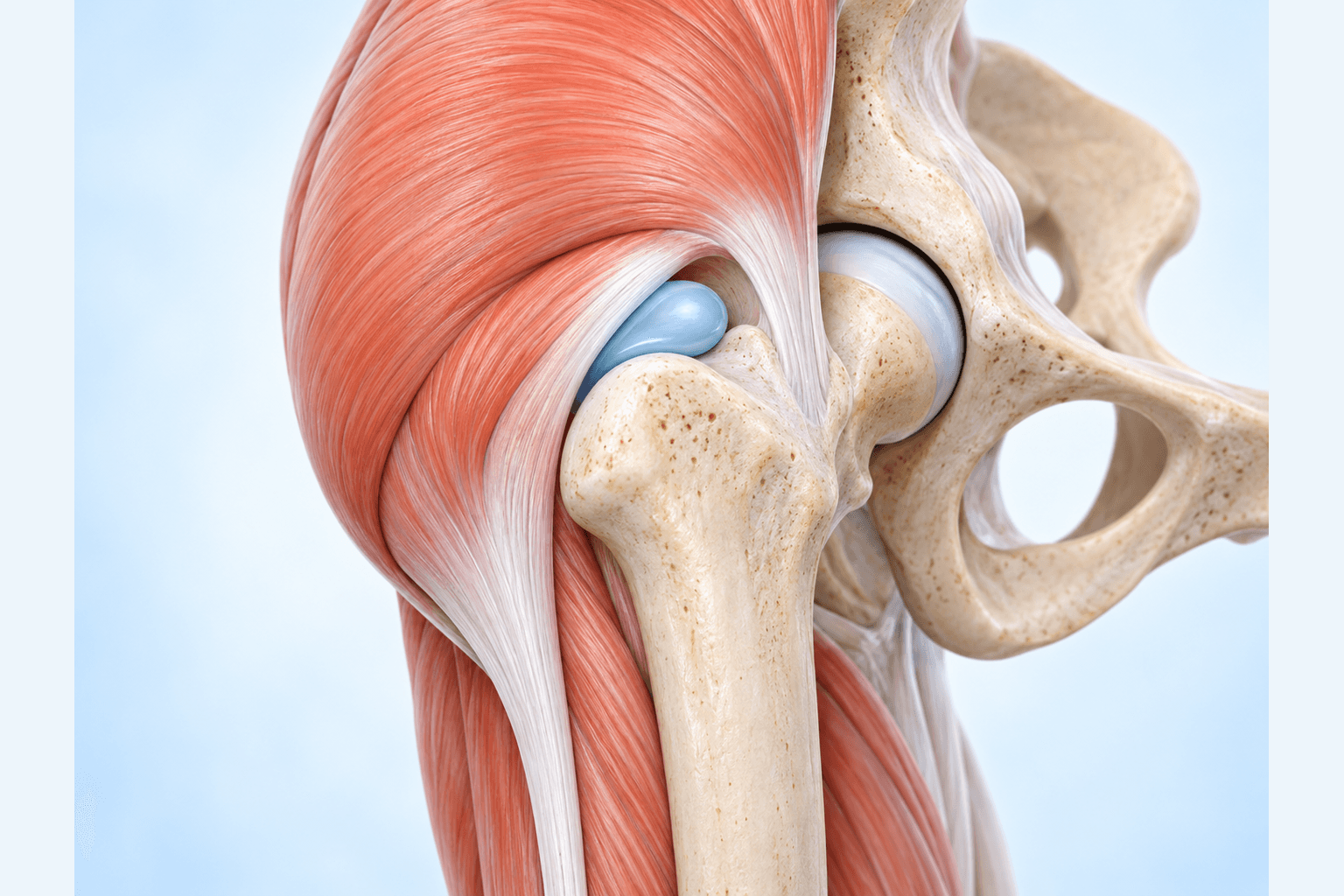 Anatomical illustration showing the outer side of a hip and a small bursa.