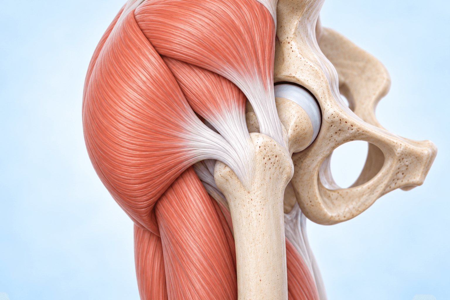 Anatomical illustration showing the gluteal muscles and tendons at the outer side of a hip.