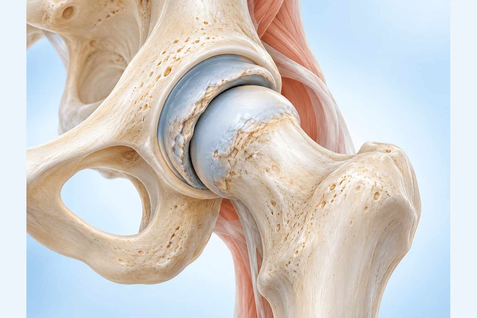 Anatomical illustration showing irregular cartilage at a hip joint.