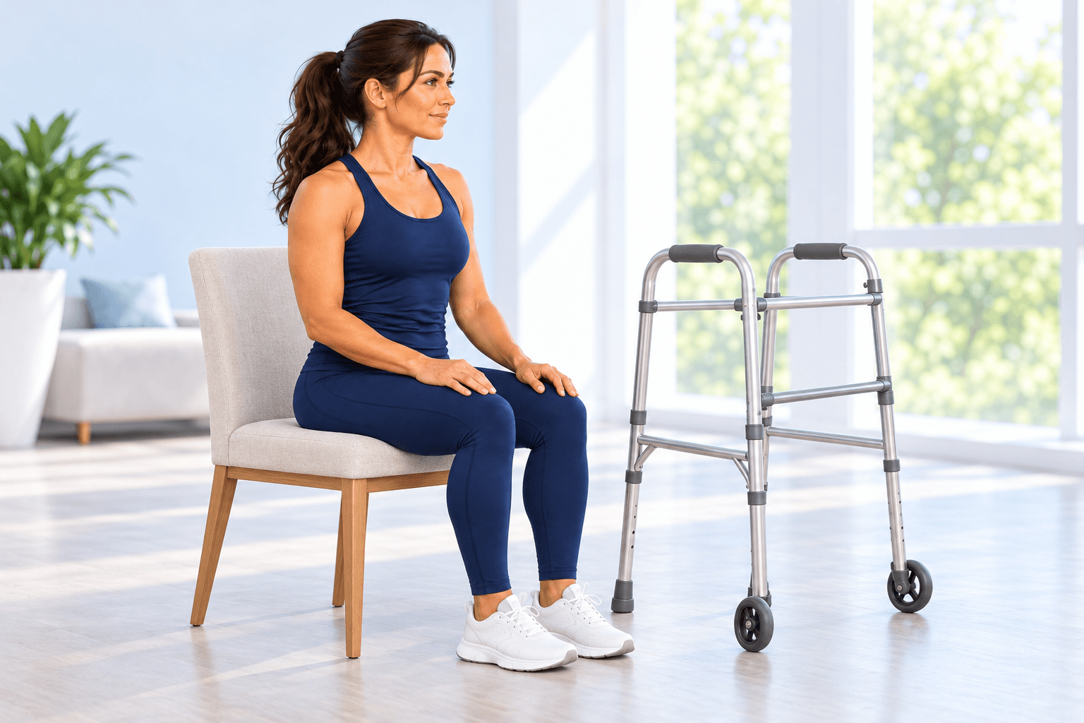 A woman in navy athletic clothes sits upright on a chair beside a folding walker with front wheels, in a bright room with tall windows.