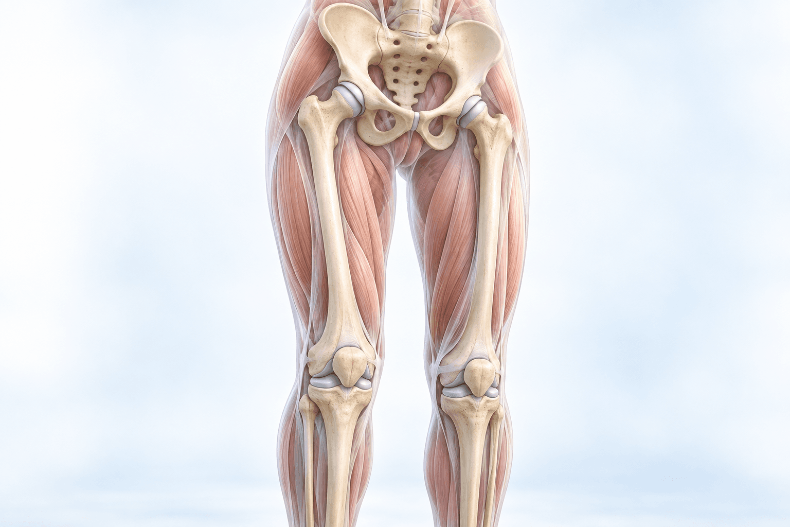 Anatomical illustration showing the pelvis, hips, thighs and knees together.