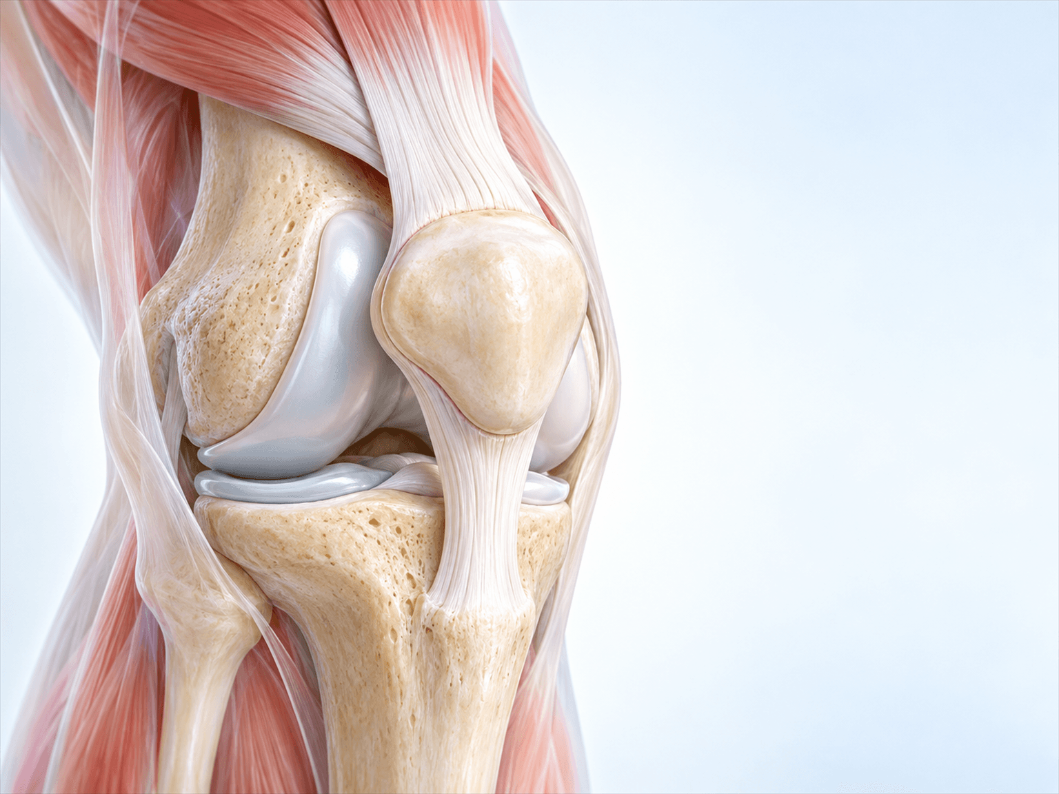 Anatomical illustration showing the kneecap at the front of the knee.