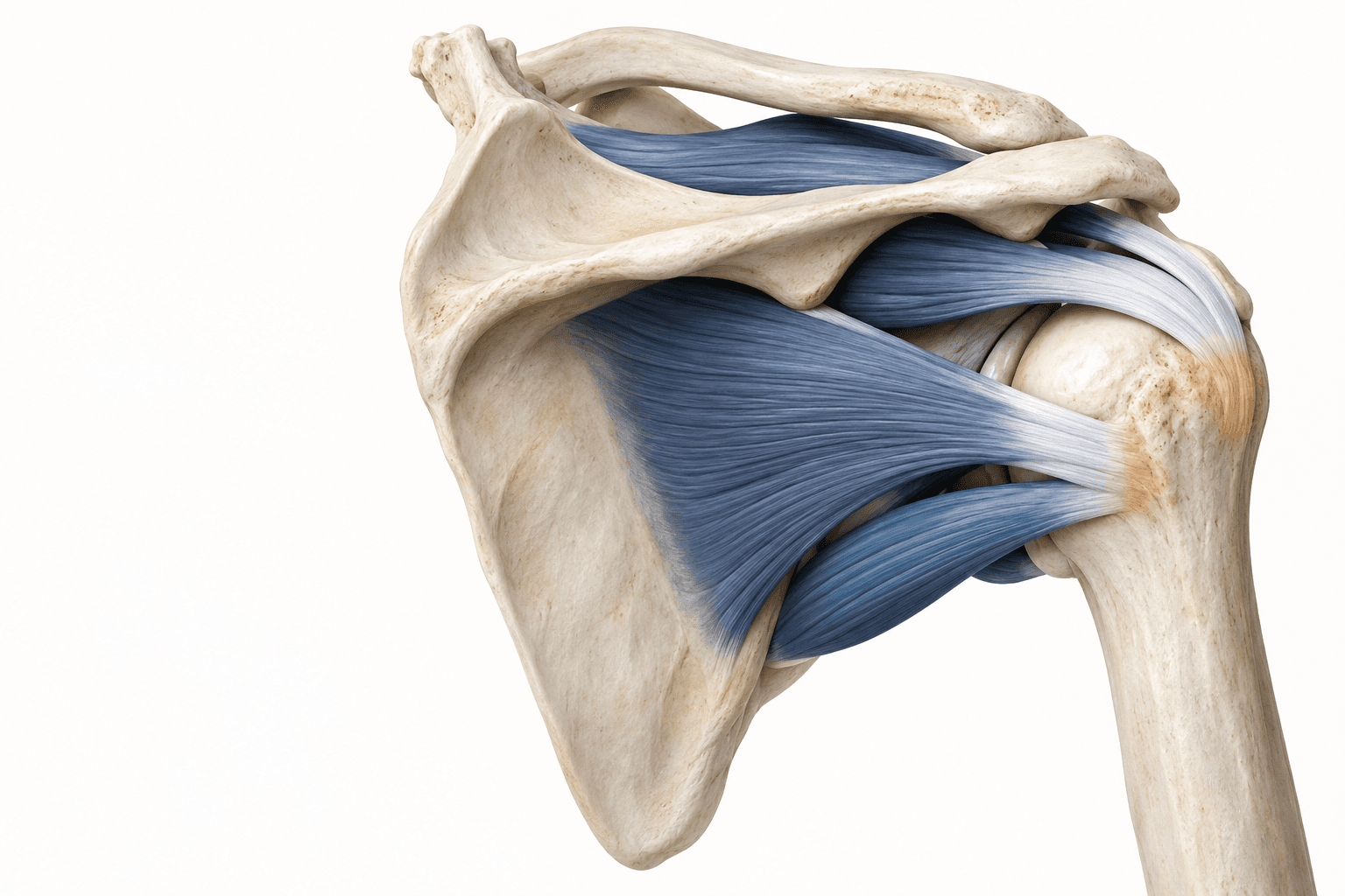 Illustrative three-dimensional view of the shoulder blade, collarbone, upper arm bone and surrounding soft tissues