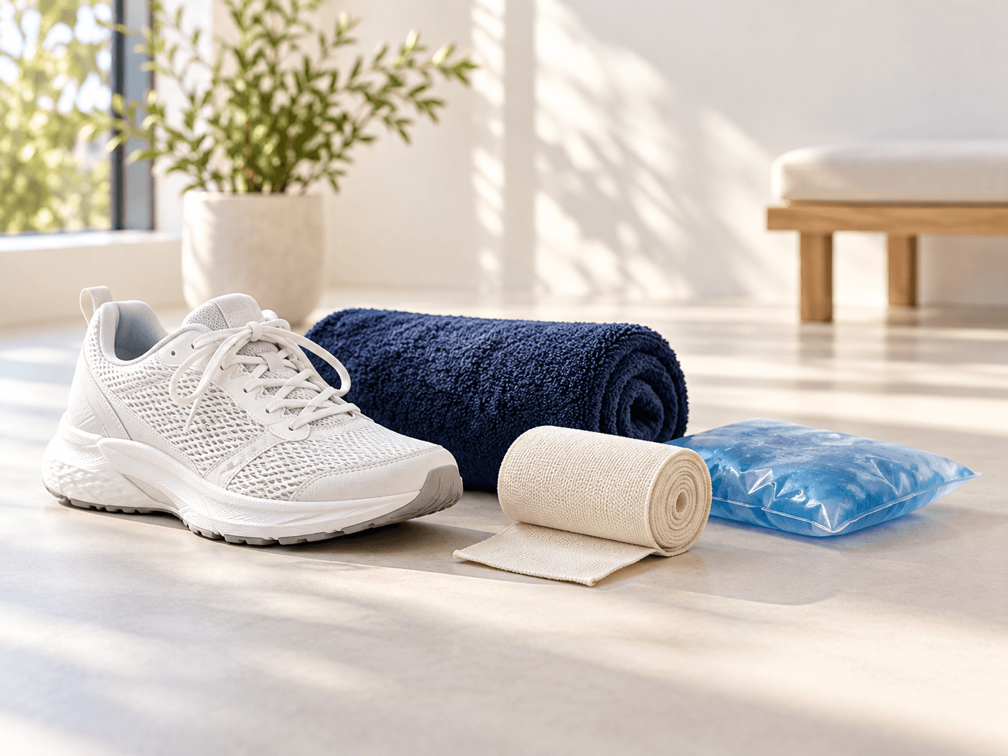 A white running shoe, a rolled navy towel, a rolled elastic bandage and a blue cold pack on a light floor in a sunlit room.