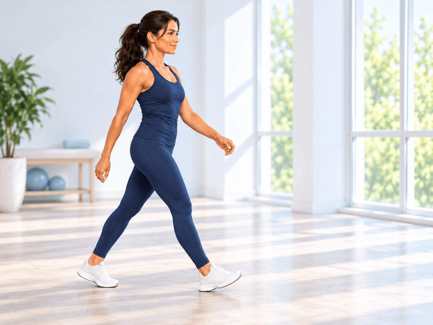 A woman in navy athletic clothes and white sneakers walks in profile across a sunlit room with tall windows.