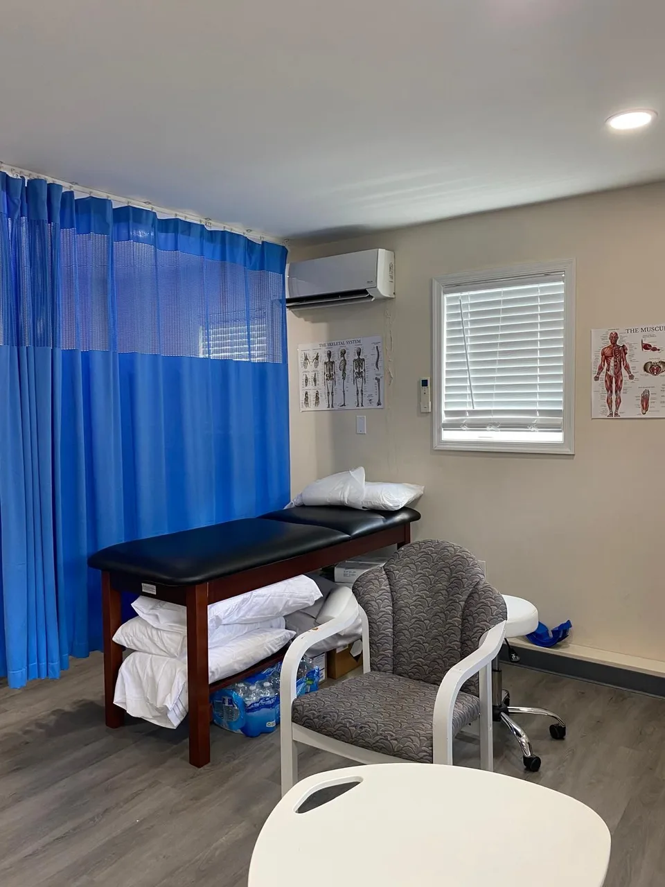 A treatment room with a padded table, a blue privacy curtain and anatomy charts on the wall.